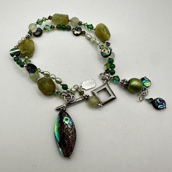 8" Tres Jolie double stranded, Pearl, Stone, abalone shell bracelet in 925! - Picture 8 of 13